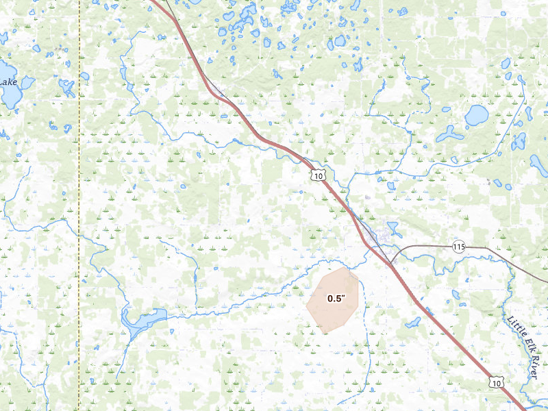Radar-estimated hail-size map of the storm over Randall, MN on Jul 3, 2026