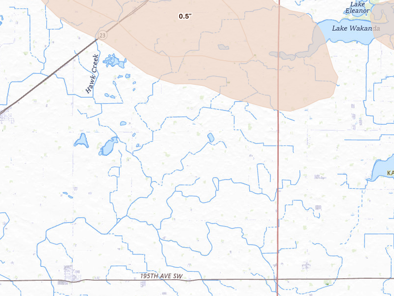 Radar-estimated hail-size map of the storm over Raymond, MN on May 24, 2026