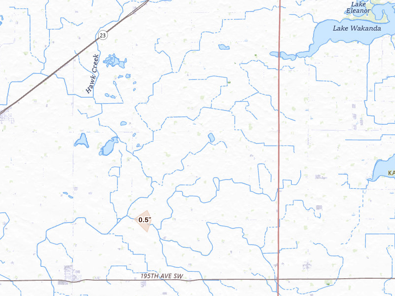 Radar-estimated hail-size map of the storm over Raymond, MN on Jun 7, 2026