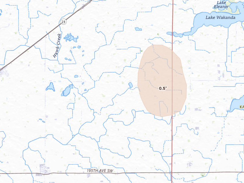 Radar-estimated hail-size map of the storm over Raymond, MN on Jul 4, 2026