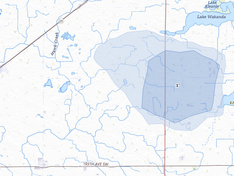 NEXRAD radar-signature map of the hail over Raymond, MN