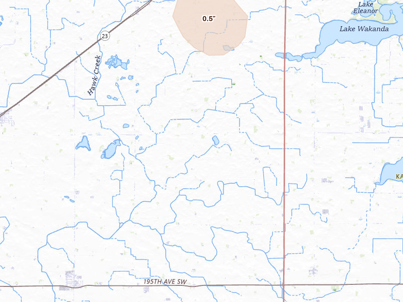 Radar-estimated hail-size map of the storm over Raymond, MN on Jul 19, 2026