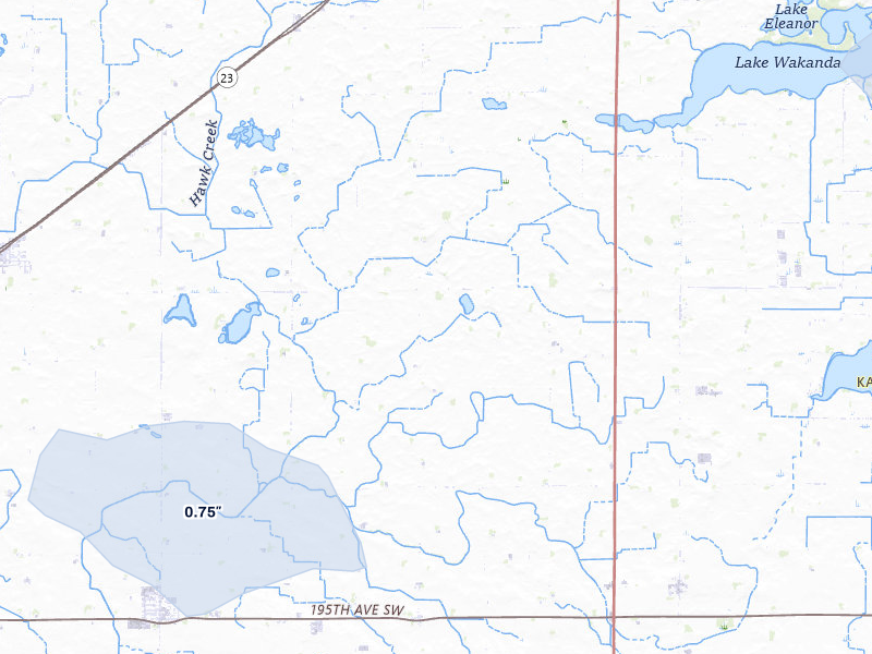 NEXRAD radar-signature map of the hail storm over Raymond, MN on Jul 25, 2026