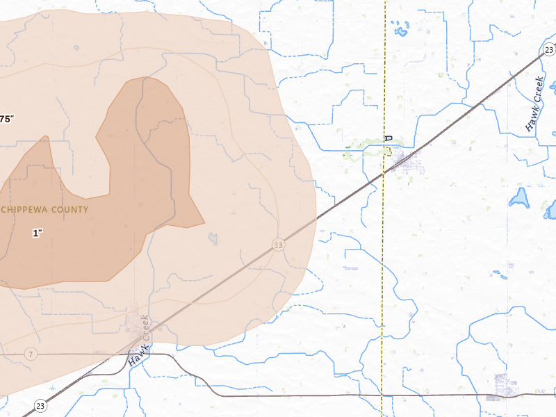 Radar-estimated hail-size map of the storm over Raymond, MN on Aug 6, 2026