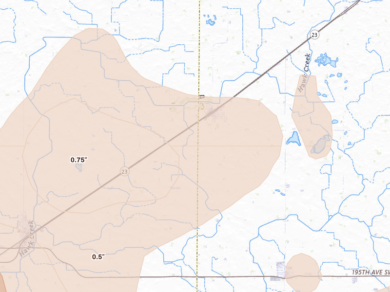 Radar-estimated hail-size map of the storm over Raymond, MN on Aug 7, 2026