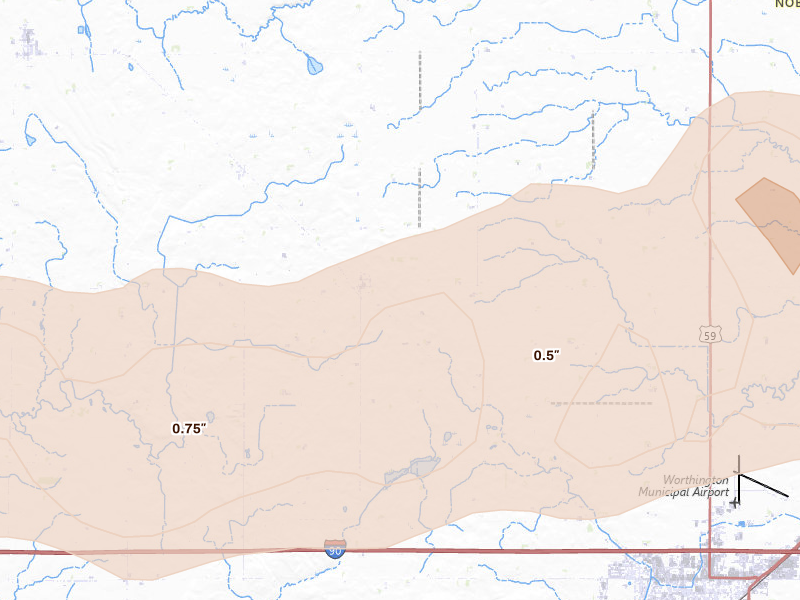Radar-estimated hail-size map of the storm over Reading, MN on Apr 13, 2026