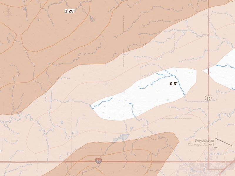 Radar-estimated hail-size map of the storm over Reading, MN on May 17, 2026