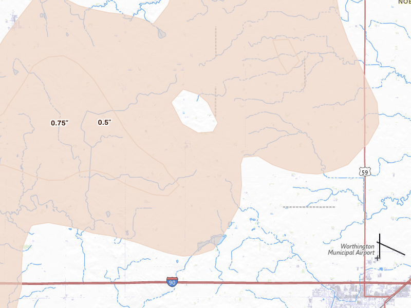Radar-estimated hail-size map of the storm over Reading, MN on Jun 27, 2026