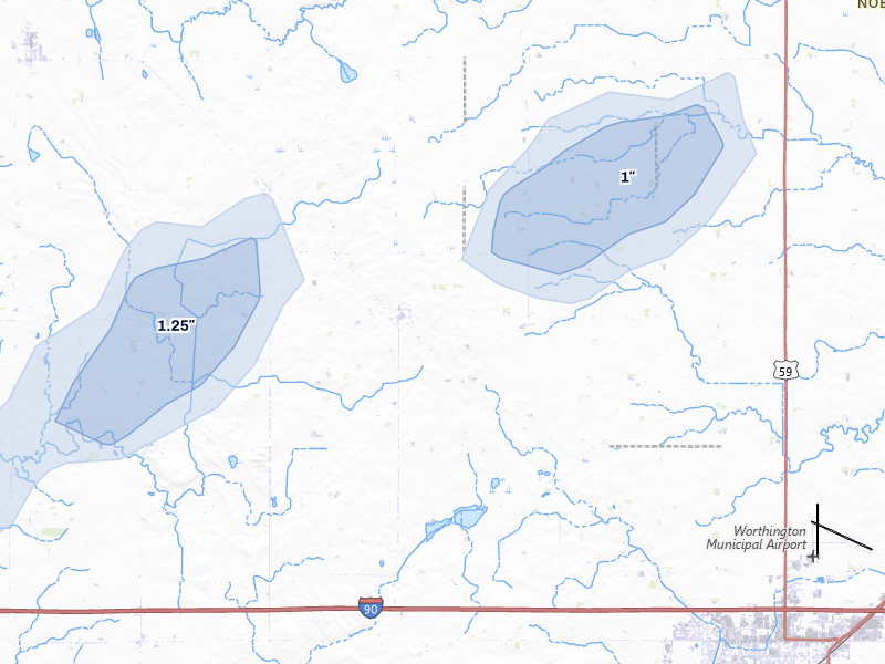 NEXRAD radar-signature map of the hail storm over Reading, MN on Jun 27, 2026