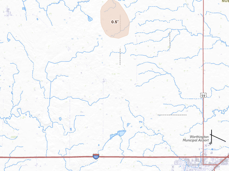 Radar-estimated hail-size map of the storm over Reading, MN on Jun 30, 2026