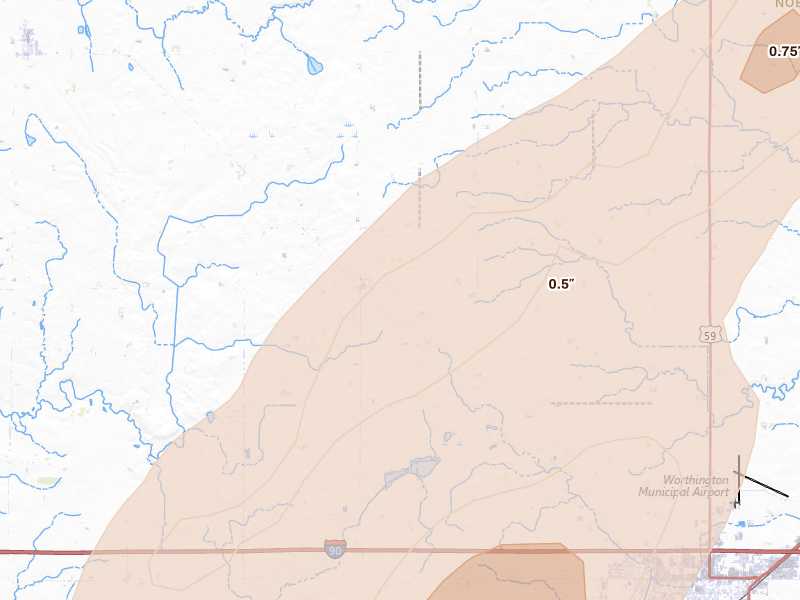 Radar-estimated hail-size map of the storm over Reading, MN on Jul 1, 2026
