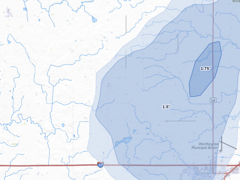 NEXRAD radar-signature map of the hail storm over Reading, MN on Jul 1, 2026