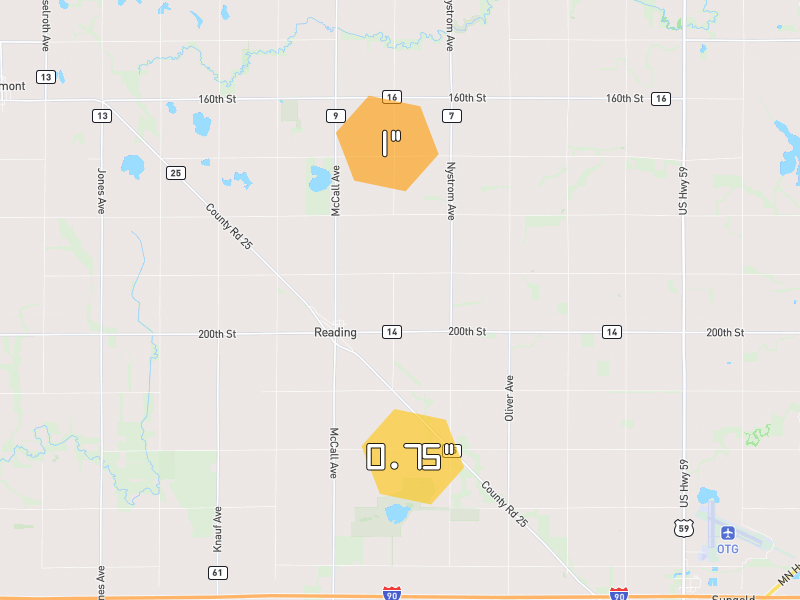 Hail map of Reading, MN on Jul 1, 2026, hail up to 1"