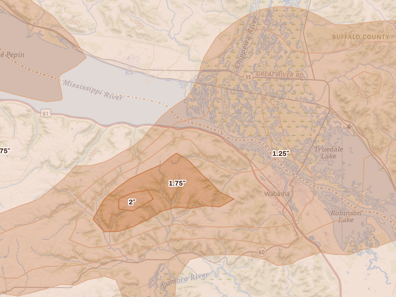 Radar-estimated hail-size map of the storm over Reads Landing, MN on Apr 13, 2026
