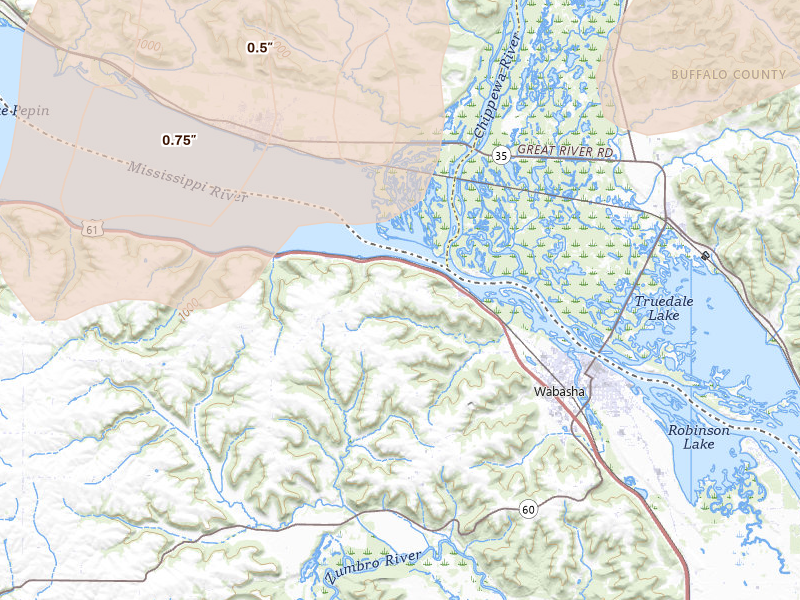 Radar-estimated hail-size map of the storm over Reads Landing, MN on Jun 10, 2026