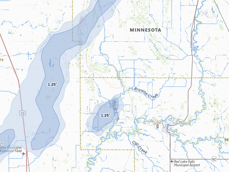 NEXRAD radar-signature map of the hail over Red Lake Falls, MN