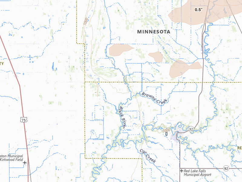 Radar-estimated hail-size map of the storm over Red Lake Falls, MN on Jul 6, 2026