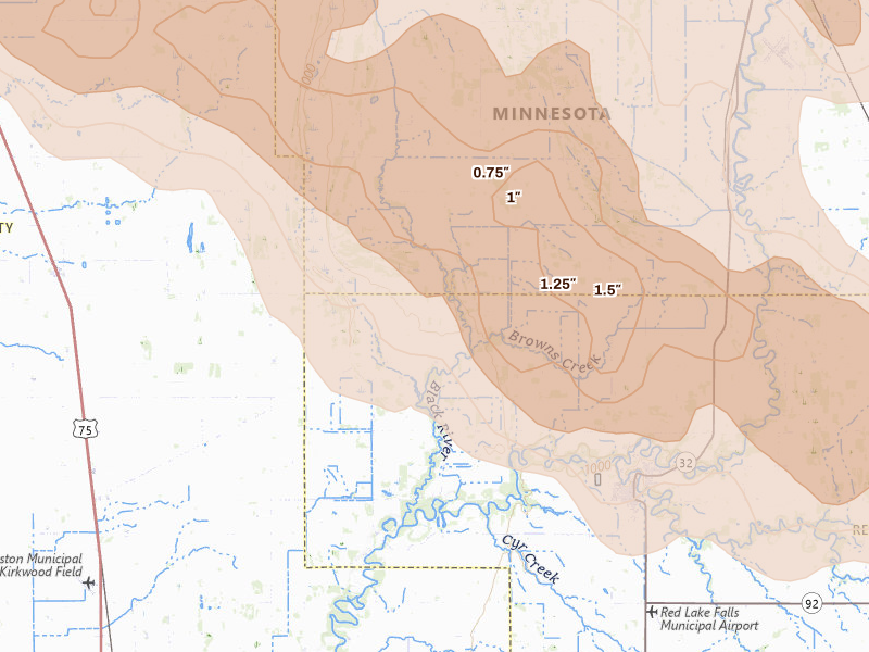 Radar-estimated hail-size map of the storm over Red Lake Falls, MN on Jul 24, 2026
