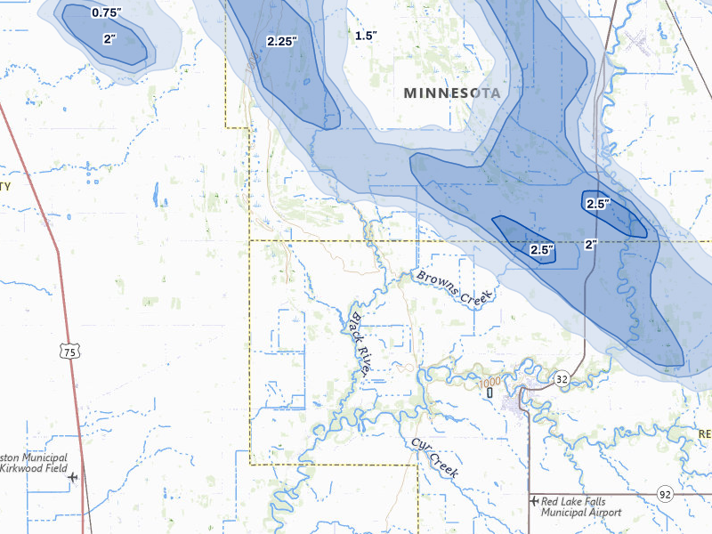 NEXRAD radar-signature map of the hail over Red Lake Falls, MN