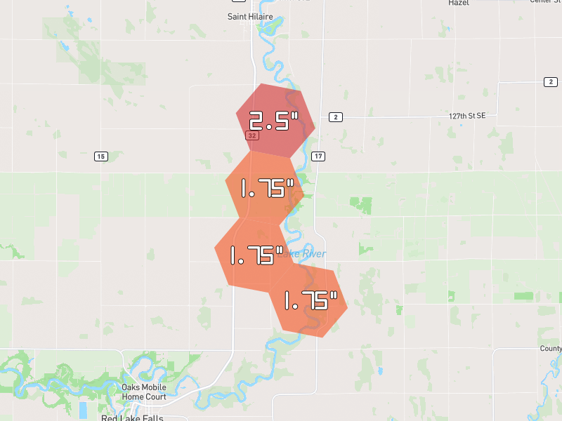 Hail map of Red Lake Falls, MN on Jul 25, 2026, hail up to 2.5"