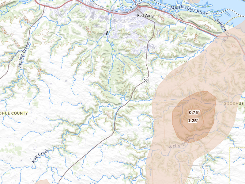 Radar-estimated hail-size map of the storm over Red Wing, MN on Jun 10, 2026