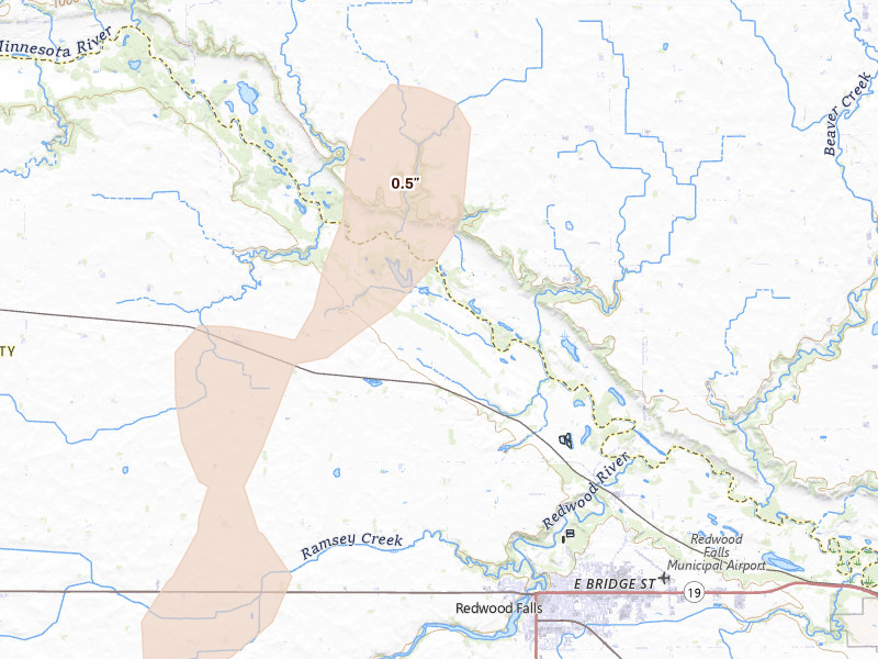 Radar-estimated hail-size map of the storm over Redwood Falls, MN on May 25, 2026