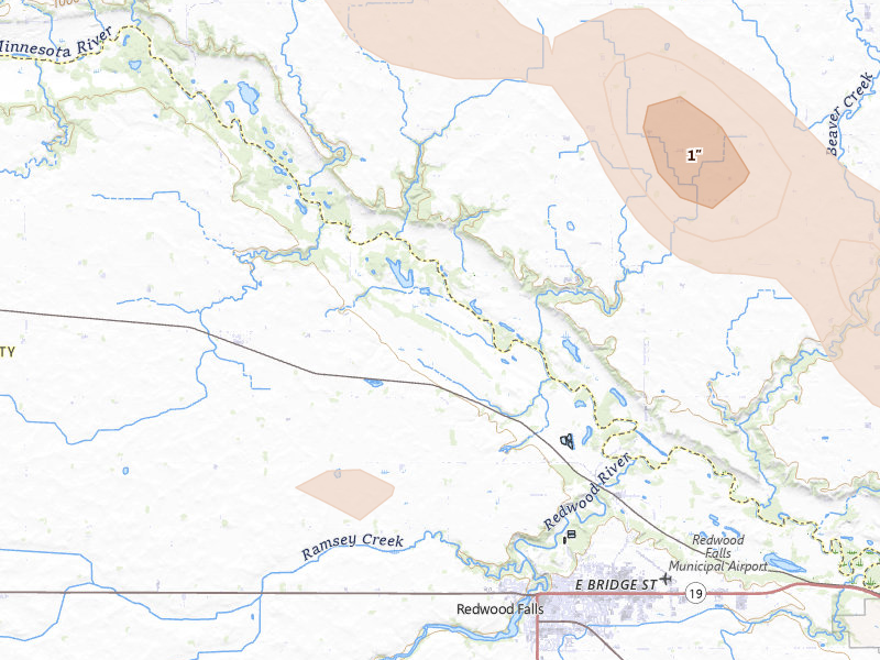 Radar-estimated hail-size map of the storm over Redwood Falls, MN on Jun 23, 2026