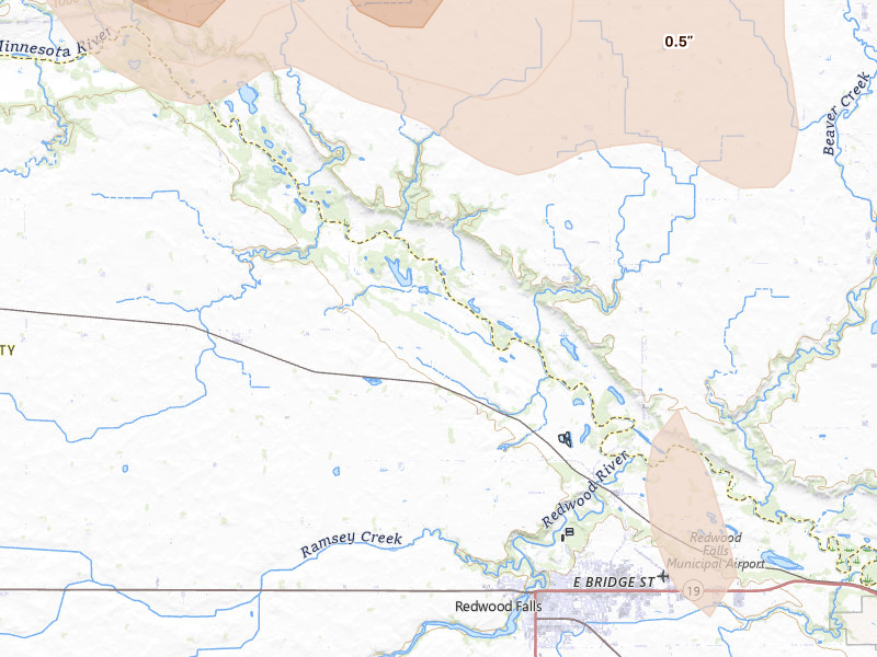 Radar-estimated hail-size map of the storm over Redwood Falls, MN on Jul 19, 2026