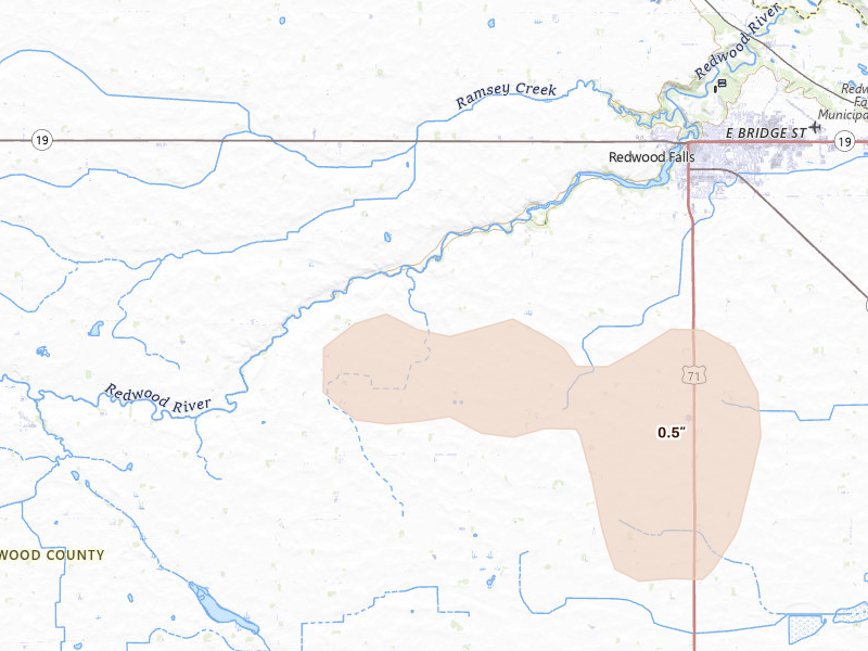 Radar-estimated hail-size map of the storm over Redwood Falls, MN on Aug 7, 2026