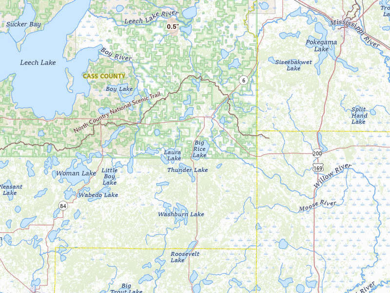 Radar-estimated hail-size map of the storm over Remer, MN on May 11, 2026