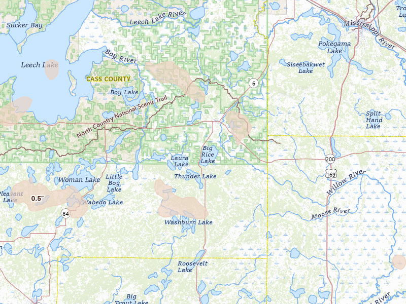 Radar-estimated hail-size map of the storm over Remer, MN on Jun 4, 2026