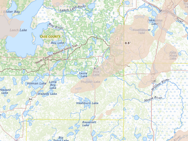 Radar-estimated hail-size map of the storm over Remer, MN on Jun 29, 2026