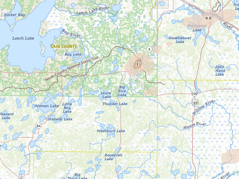Radar-estimated hail-size map of the storm over Remer, MN on Jul 2, 2026