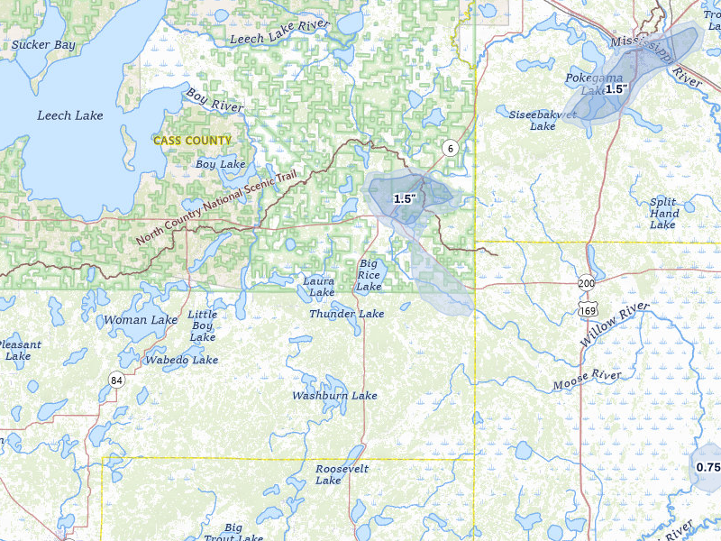 NEXRAD radar-signature map of the hail over Remer, MN