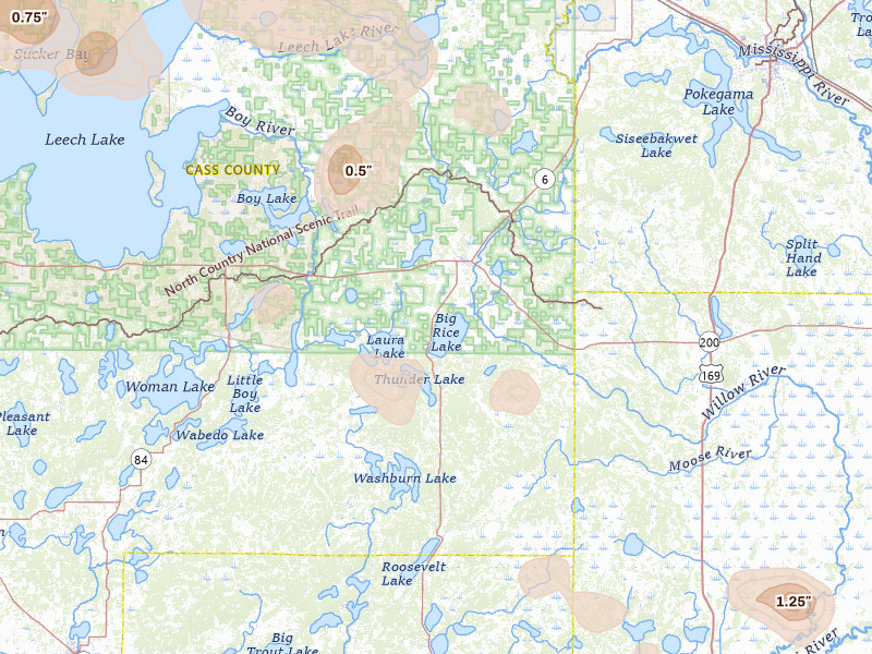Radar-estimated hail-size map of the storm over Remer, MN on Jul 3, 2026