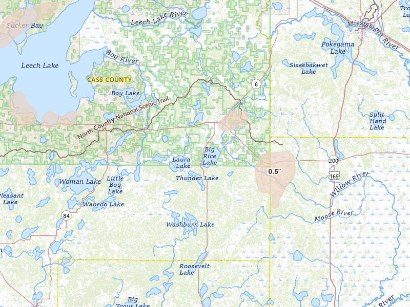 Radar-estimated hail-size map of the storm over Remer, MN on Jul 4, 2026