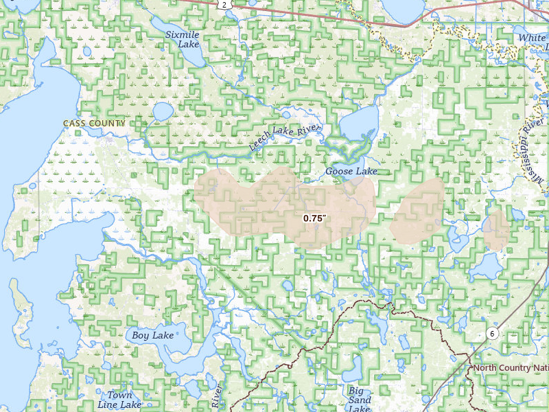 Radar-estimated hail-size map of the storm over Remer, MN on Aug 7, 2026