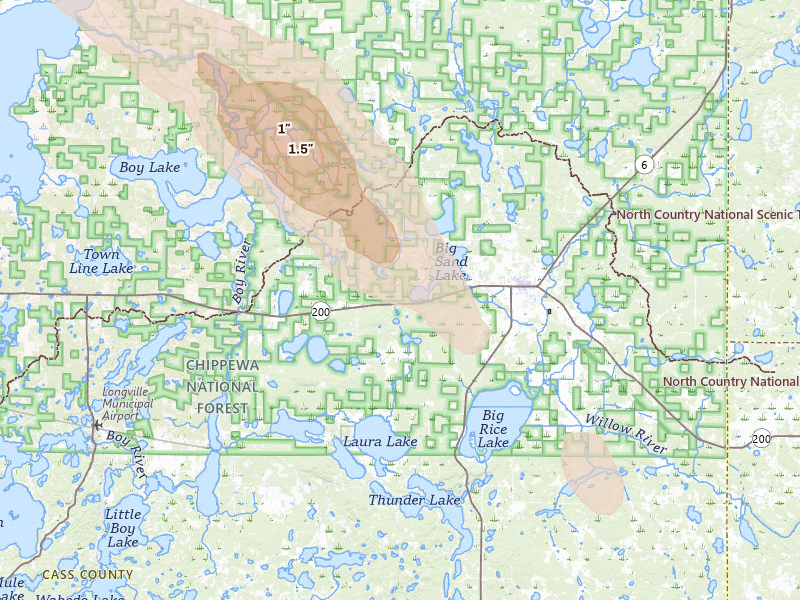 Radar-estimated hail-size map of the storm over Remer, MN on Aug 20, 2026