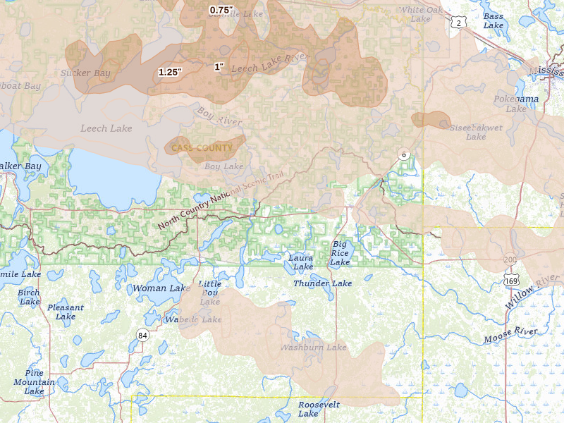 Radar-estimated hail-size map of the storm over Remer, MN on Sep 3, 2026