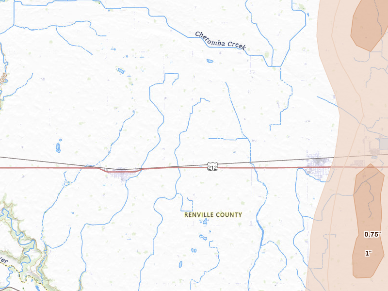 Radar-estimated hail-size map of the storm over Renville, MN on May 25, 2026