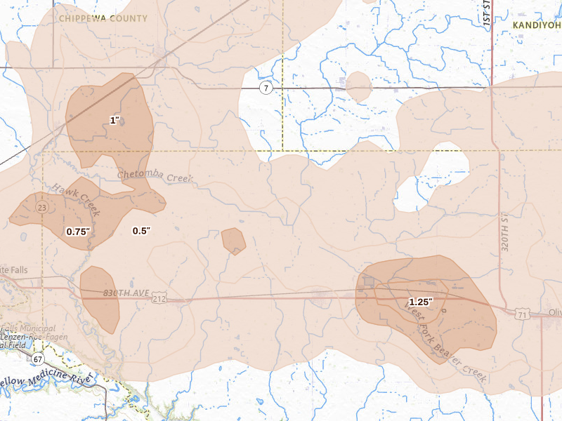 Radar-estimated hail-size map of the storm over Renville, MN on Aug 7, 2026