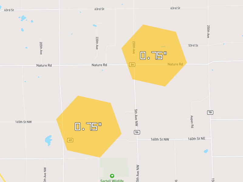 Hail map of Rice, MN on Jun 30, 2026, hail up to 0.75"