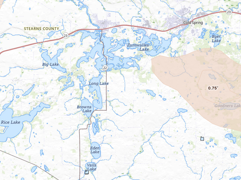 Radar-estimated hail-size map of the storm over Richmond, MN on Jul 25, 2026