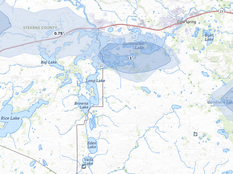NEXRAD radar-signature map of the hail storm over Richmond, MN on Jul 25, 2026