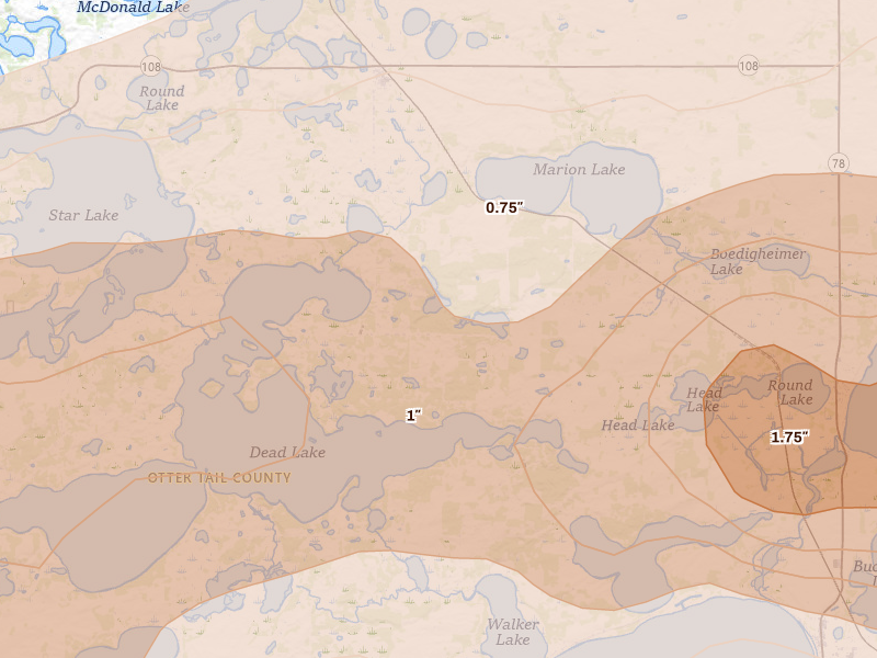 Radar-estimated hail-size map of the storm over Richville, MN on Jun 29, 2026