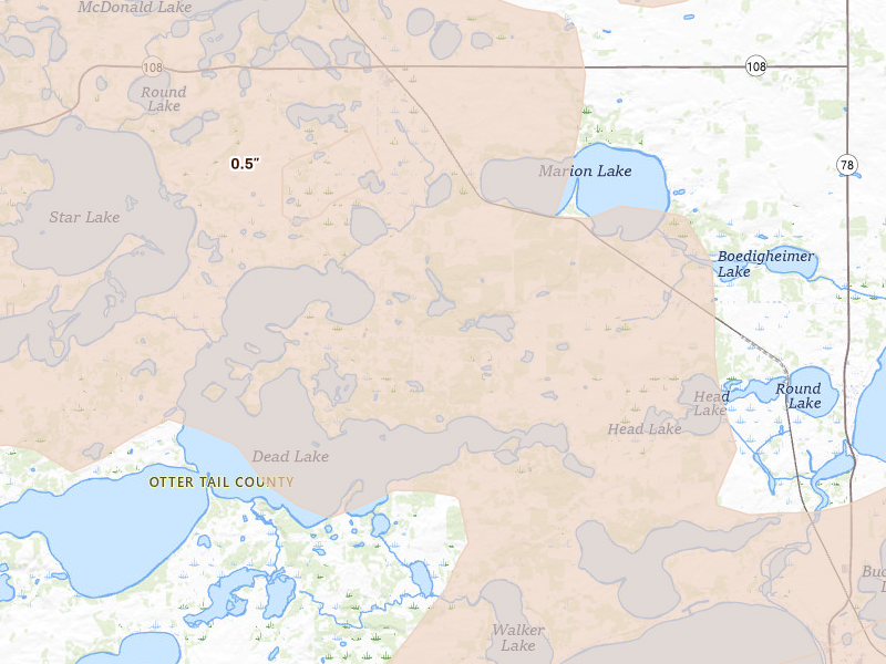 Radar-estimated hail-size map of the storm over Richville, MN on Jul 6, 2026