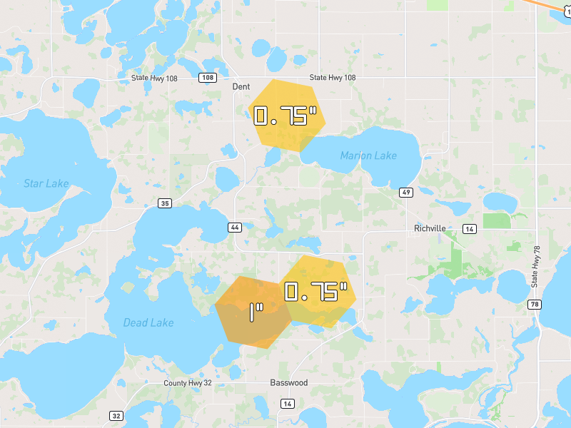 Hail map of Richville, MN on Jul 7, 2026, hail up to 1"