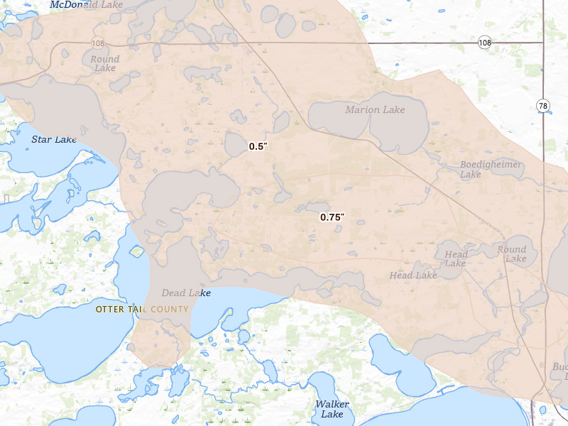 Radar-estimated hail-size map of the storm over Richville, MN on Aug 17, 2026