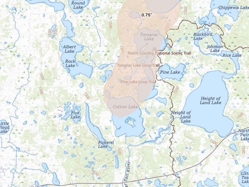 Radar-estimated hail-size map of the storm over Rochert, MN on Jun 9, 2026