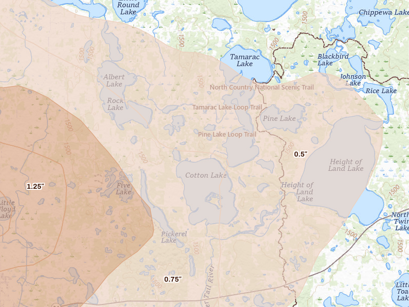 Radar-estimated hail-size map of the storm over Rochert, MN on Jul 6, 2026